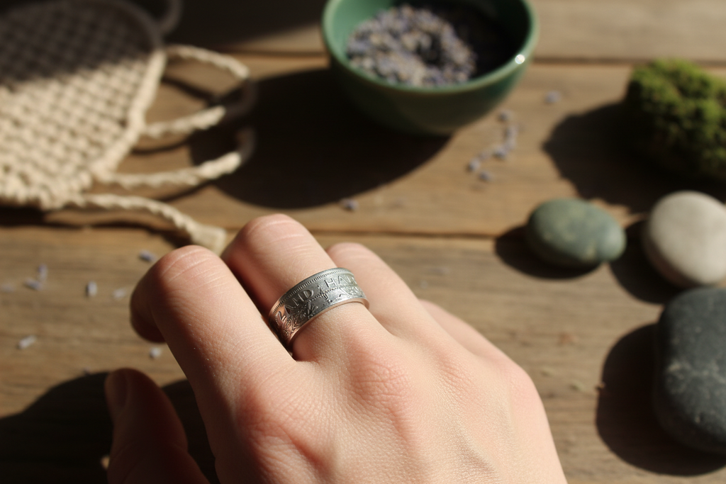 1950 NZ Half Crown Coin Ring on hand