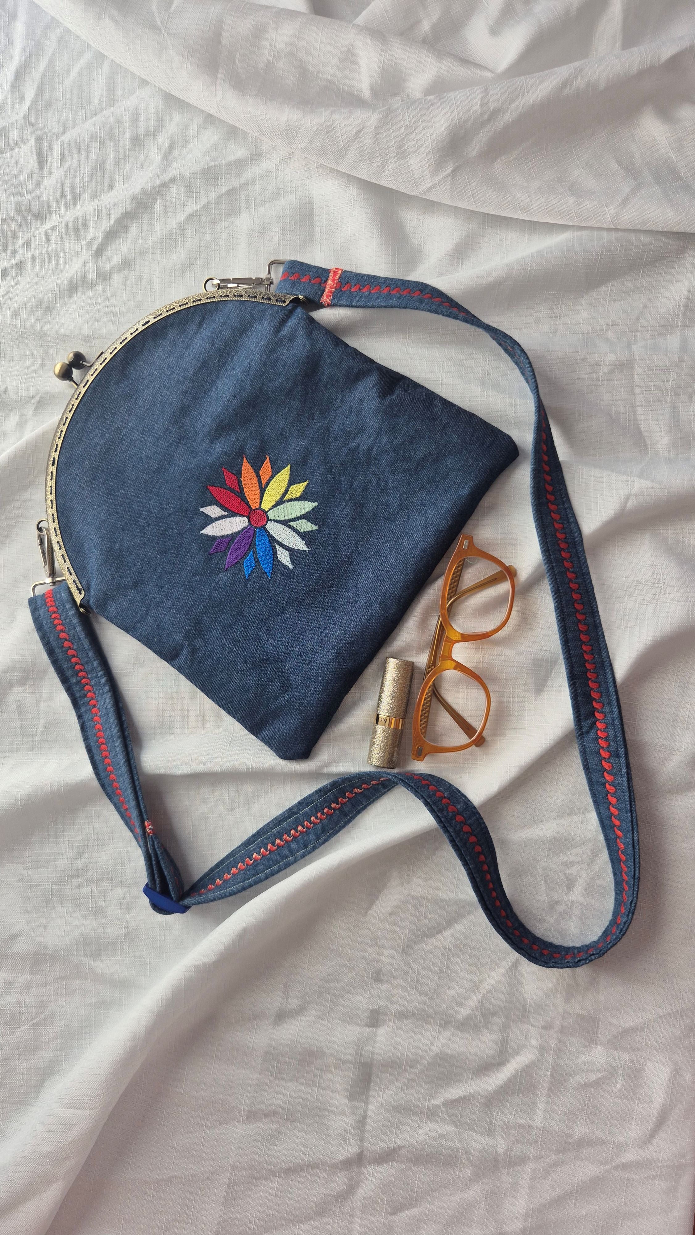 Rainbow Flower Denim Crossbody Bag