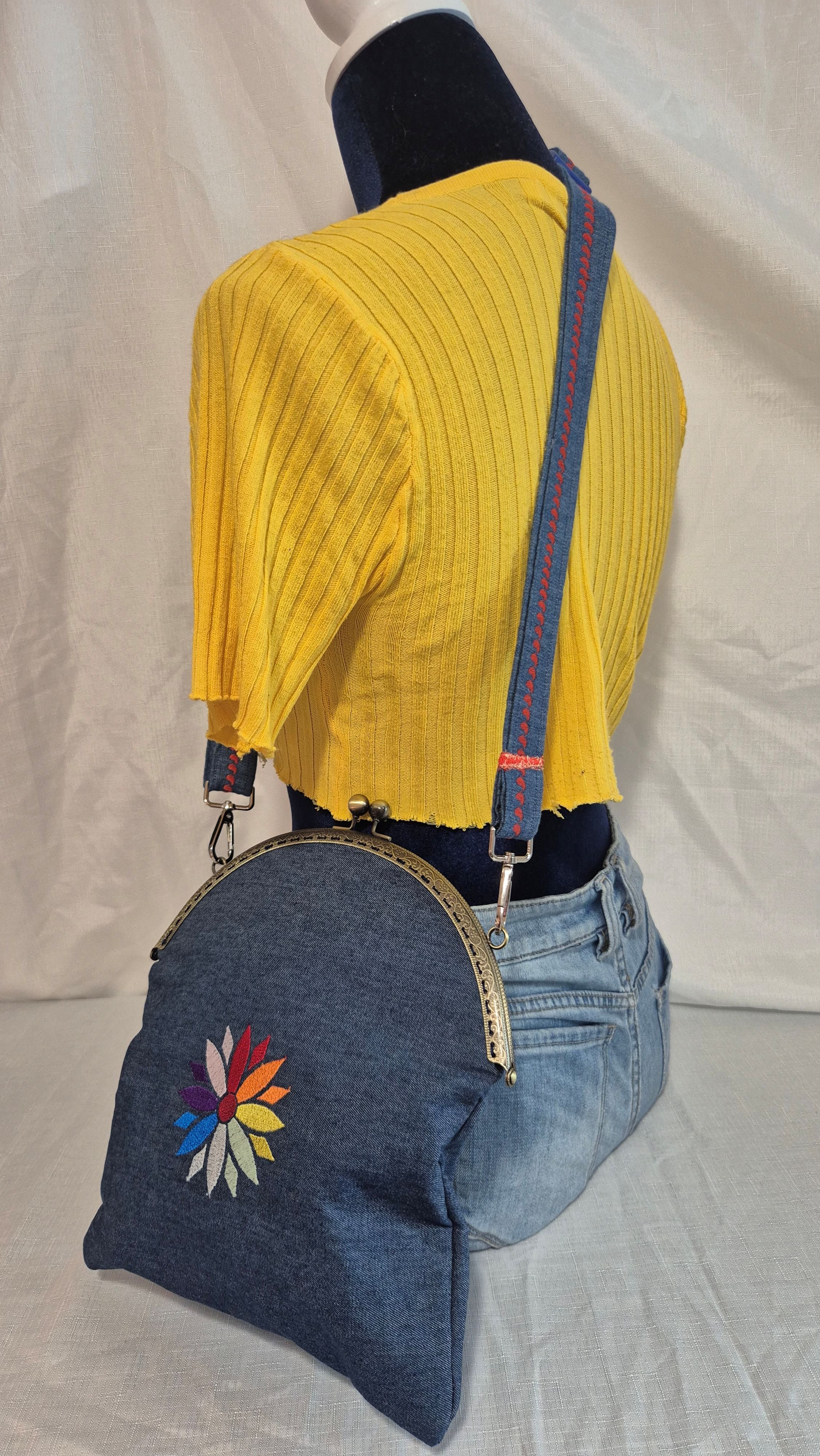 Rainbow Flower Denim Crossbody Bag