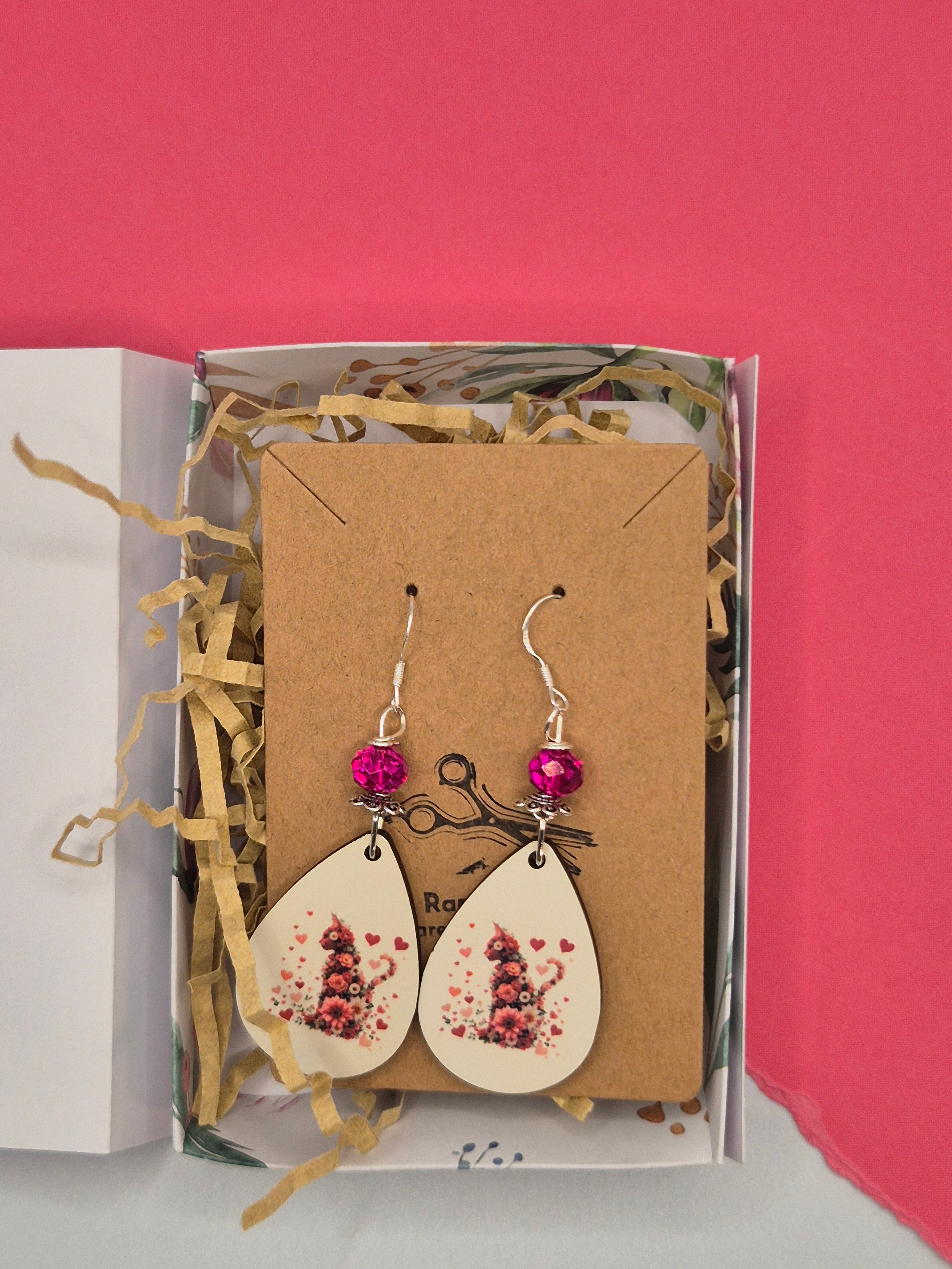 Floral Cat Teardrop Earrings