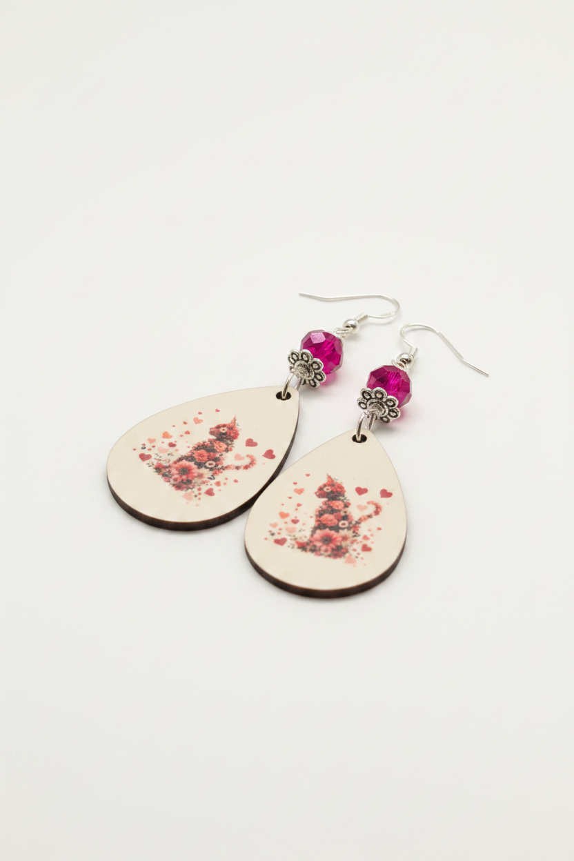 Floral Cat Teardrop Earrings
