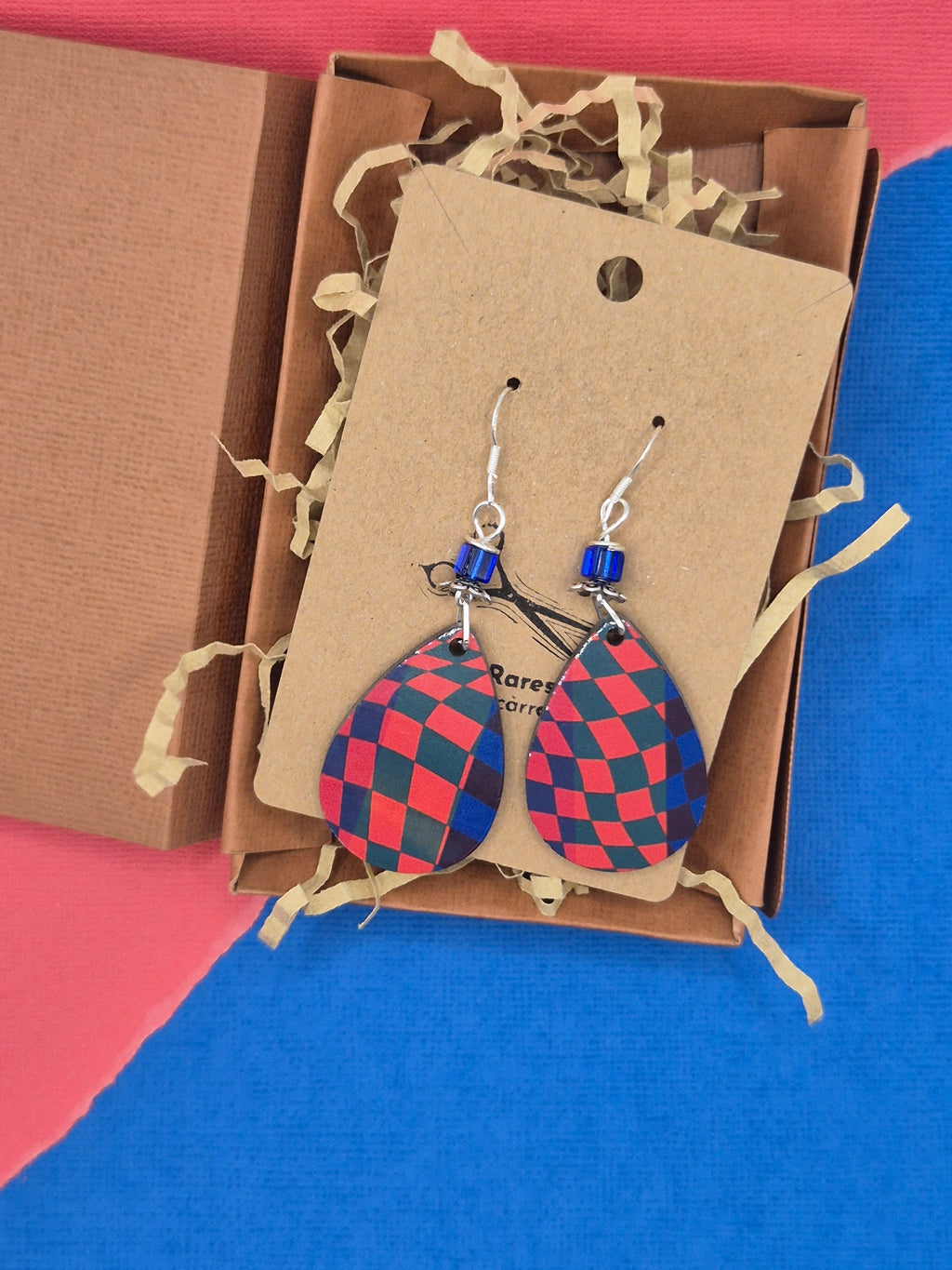 Red & Blue checkered Teardrop earrings
