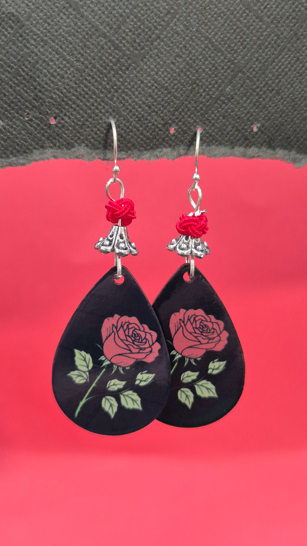 Red Rose Teardrop Earrings in Black