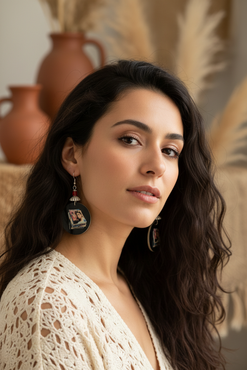 Retro Magazine Stack Circle Earrings with Red Crystal