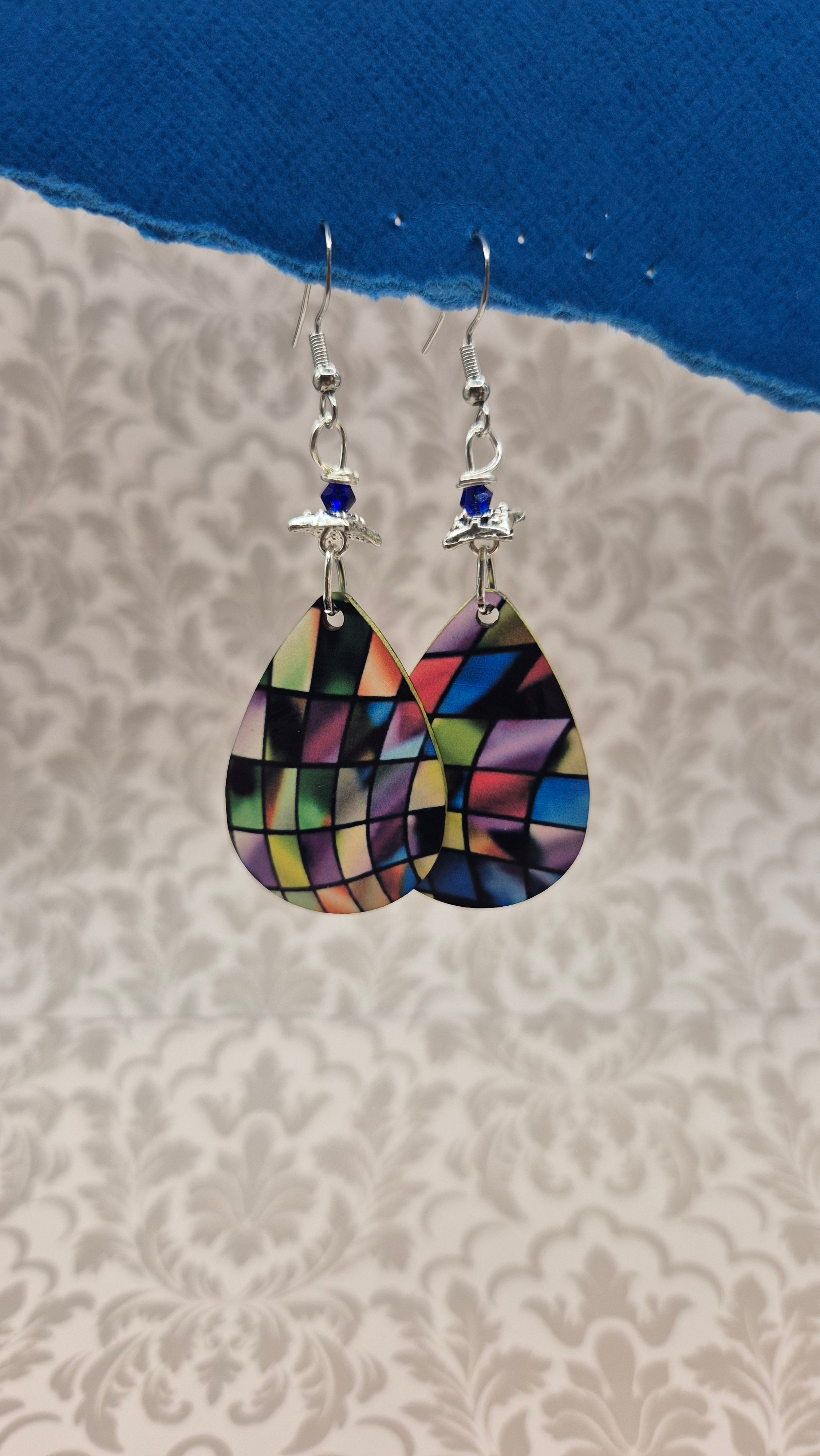 Stained Glass Teardrop Earrings with Silver Charm & Blue Crystal