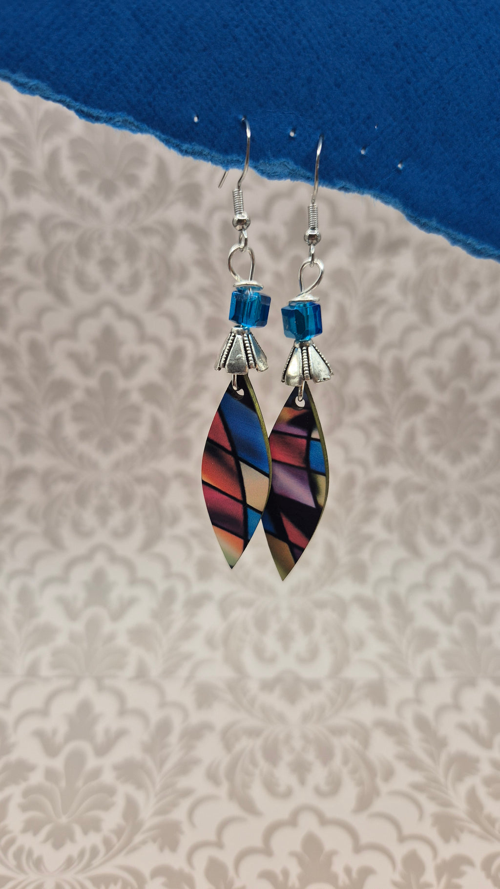 Harlequin Diamond Teardrop Earrings Blue Crystal