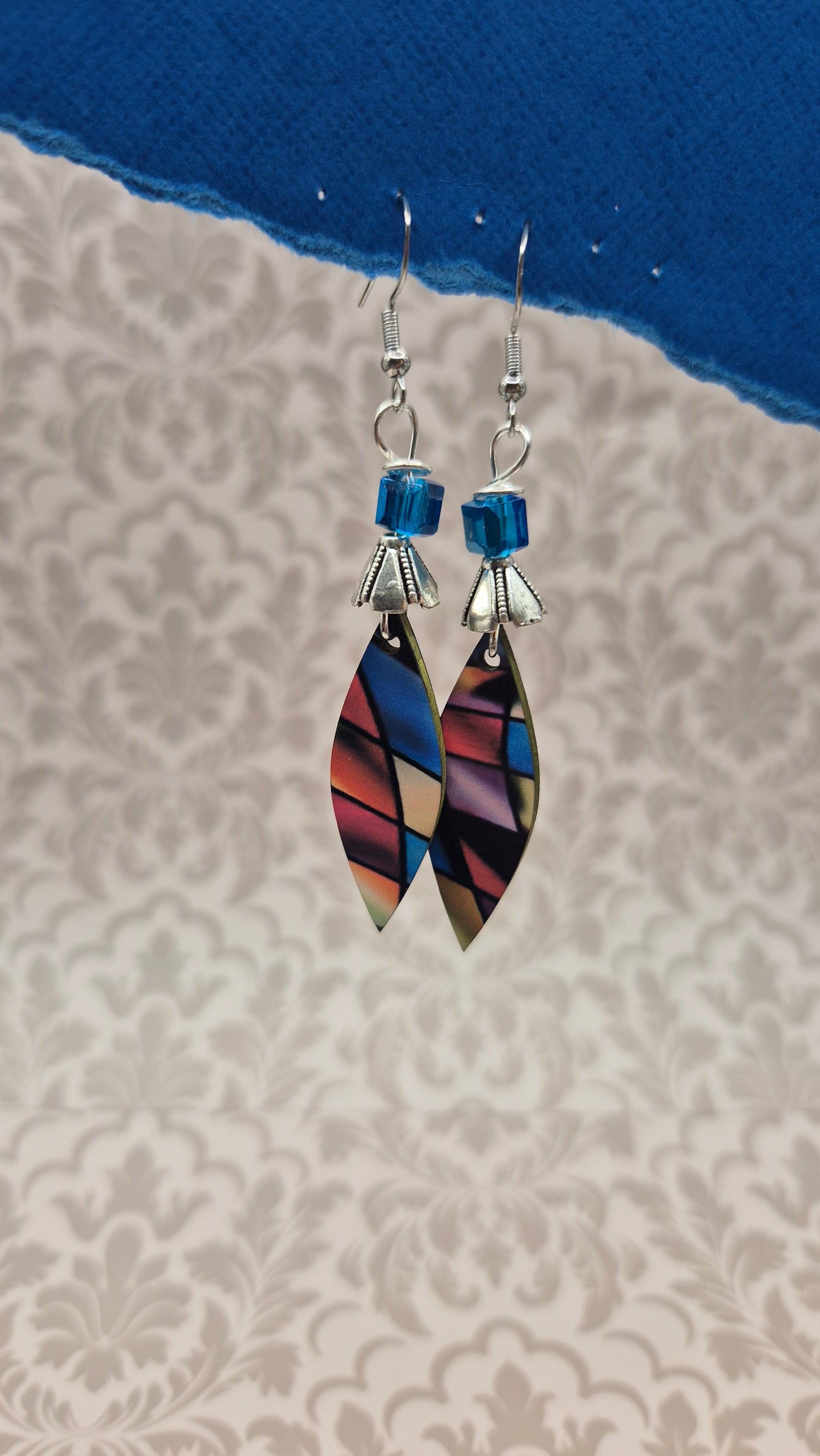 Harlequin Diamond Teardrop Earrings Blue Crystal