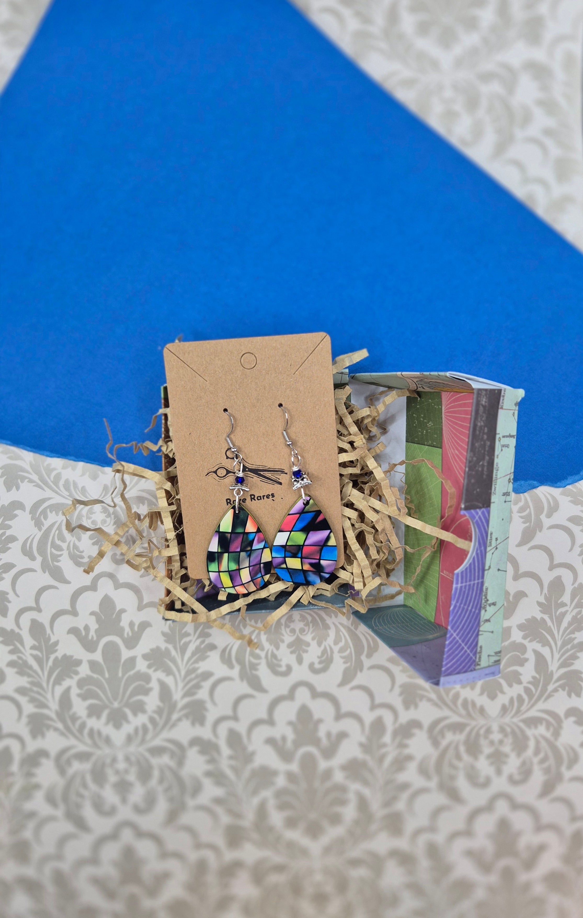 Stained Glass Teardrop Earrings with Silver Charm & Blue Crystal