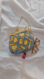 Blue Floral Granny Square Clasp Bag with Gold Chain