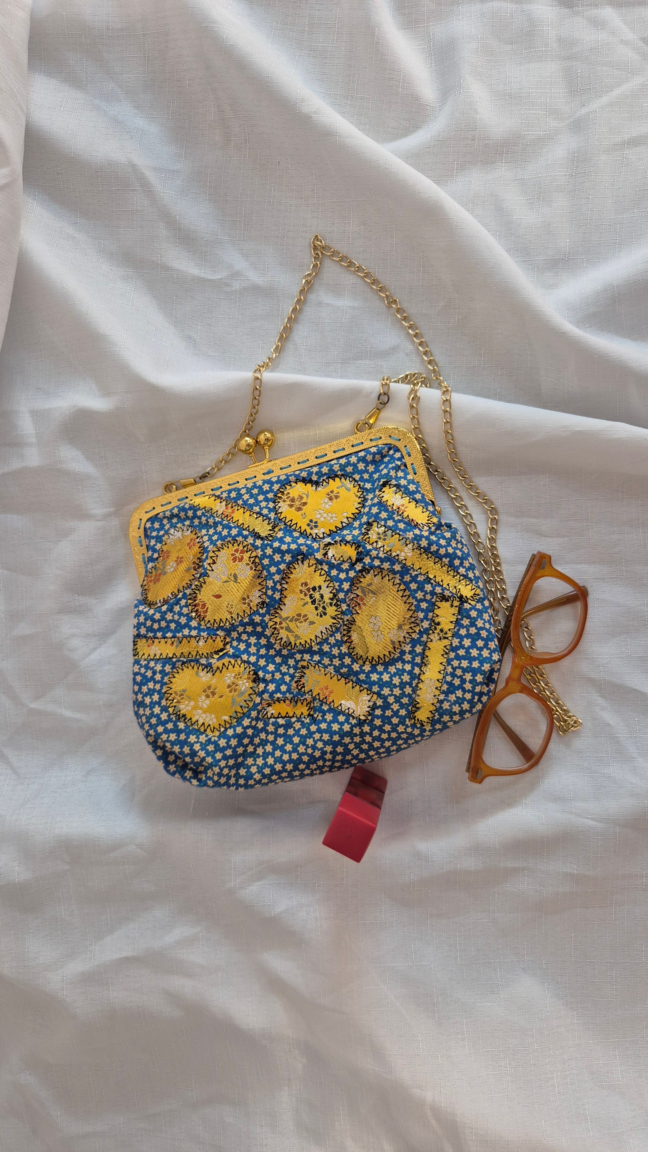 Blue Floral Granny Square Clasp Bag with Gold Chain