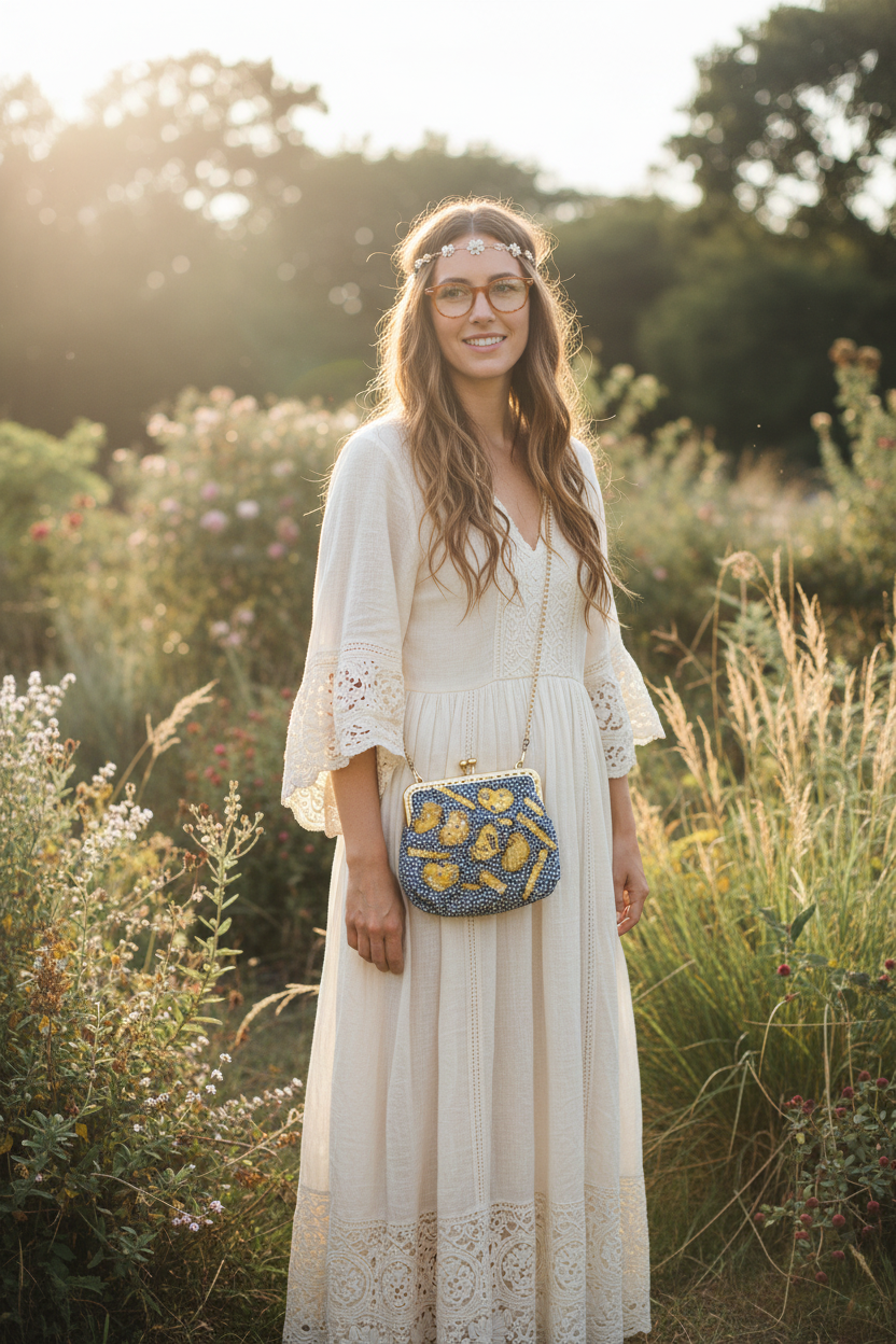 Blue Floral Granny Square Clasp Bag with Gold Chain