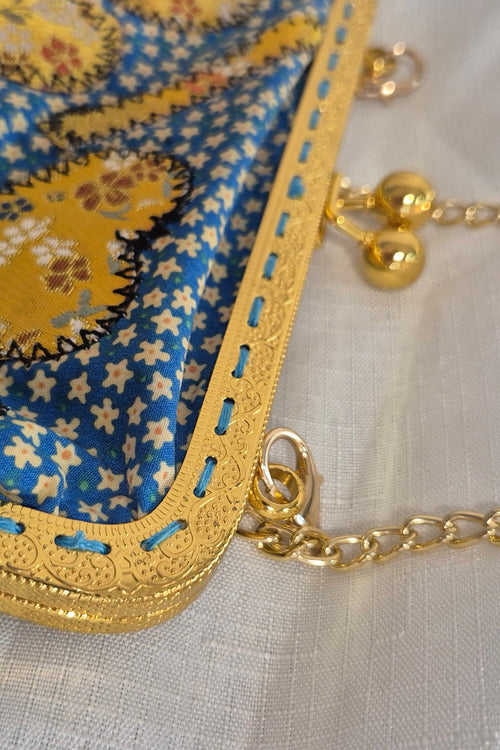 Blue Floral Granny Square Clasp Bag with Gold Chain