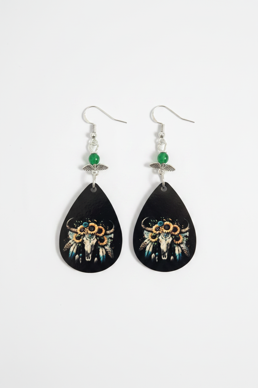 Sunflower Bull Skull Drop Earrings