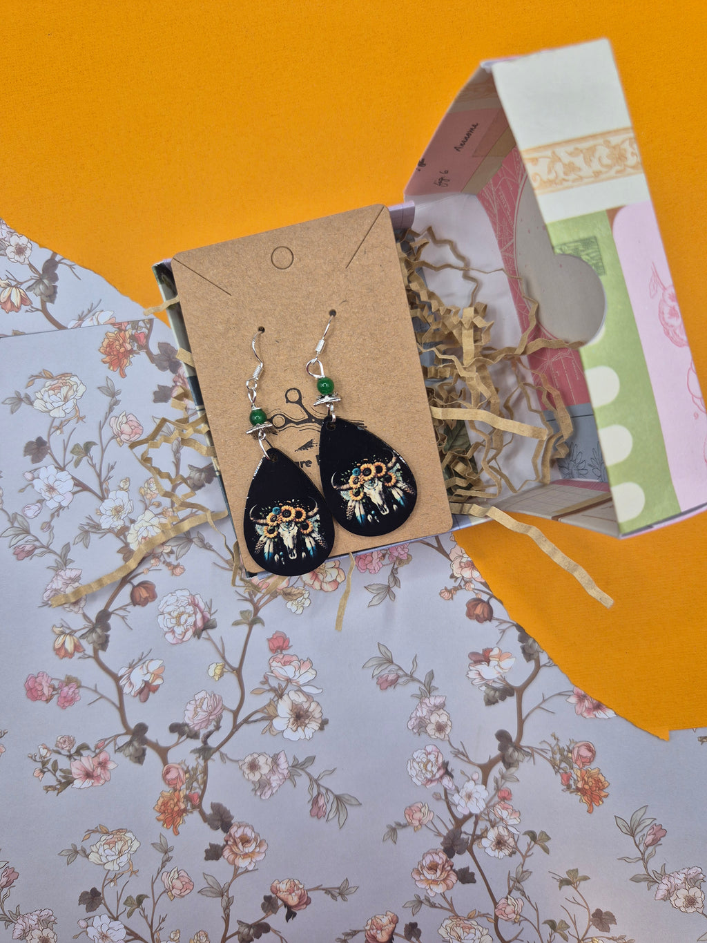 Sunflower Bull Skull Drop Earrings
