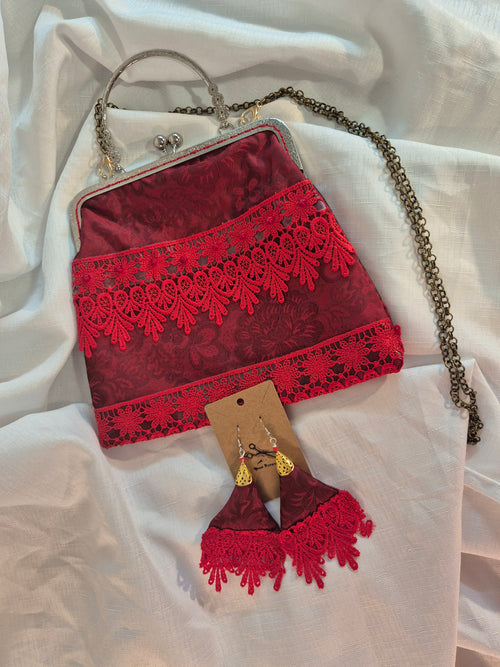 Crimson Lace Bag & Earring Set