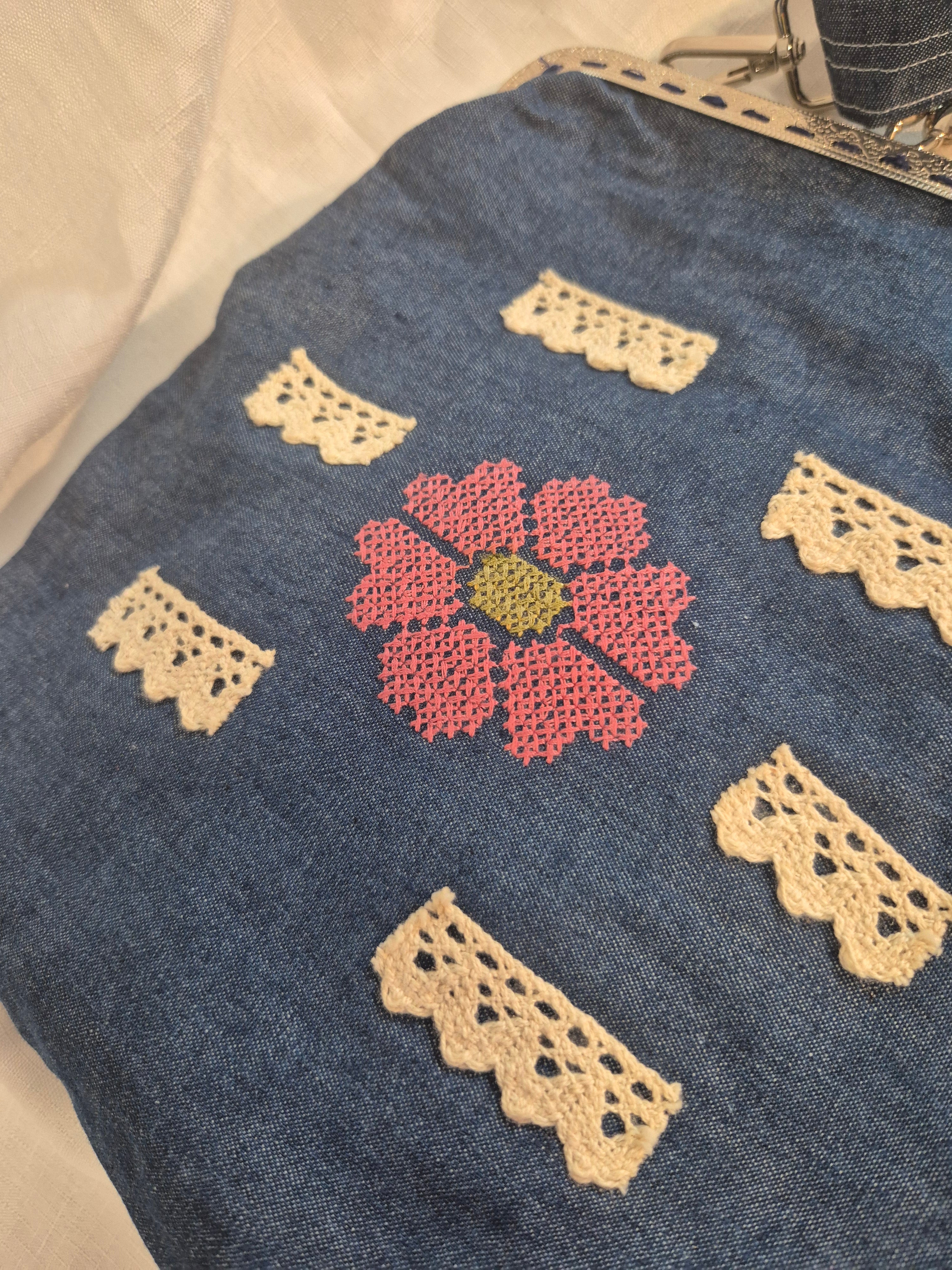 Denim Cross-Stitch Clasp Bag