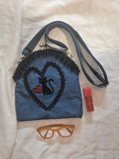 Denim Cat Heart Crossbody Bag