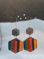 Wood Rainbow Hexagon Drop Earrings