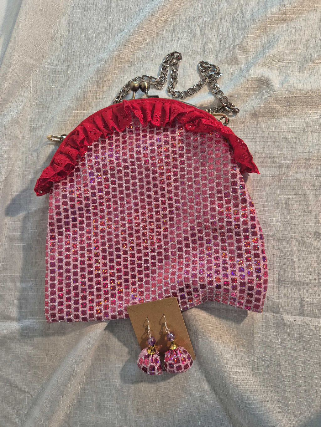 Pink Sequin Clasp Bag & Earring Set