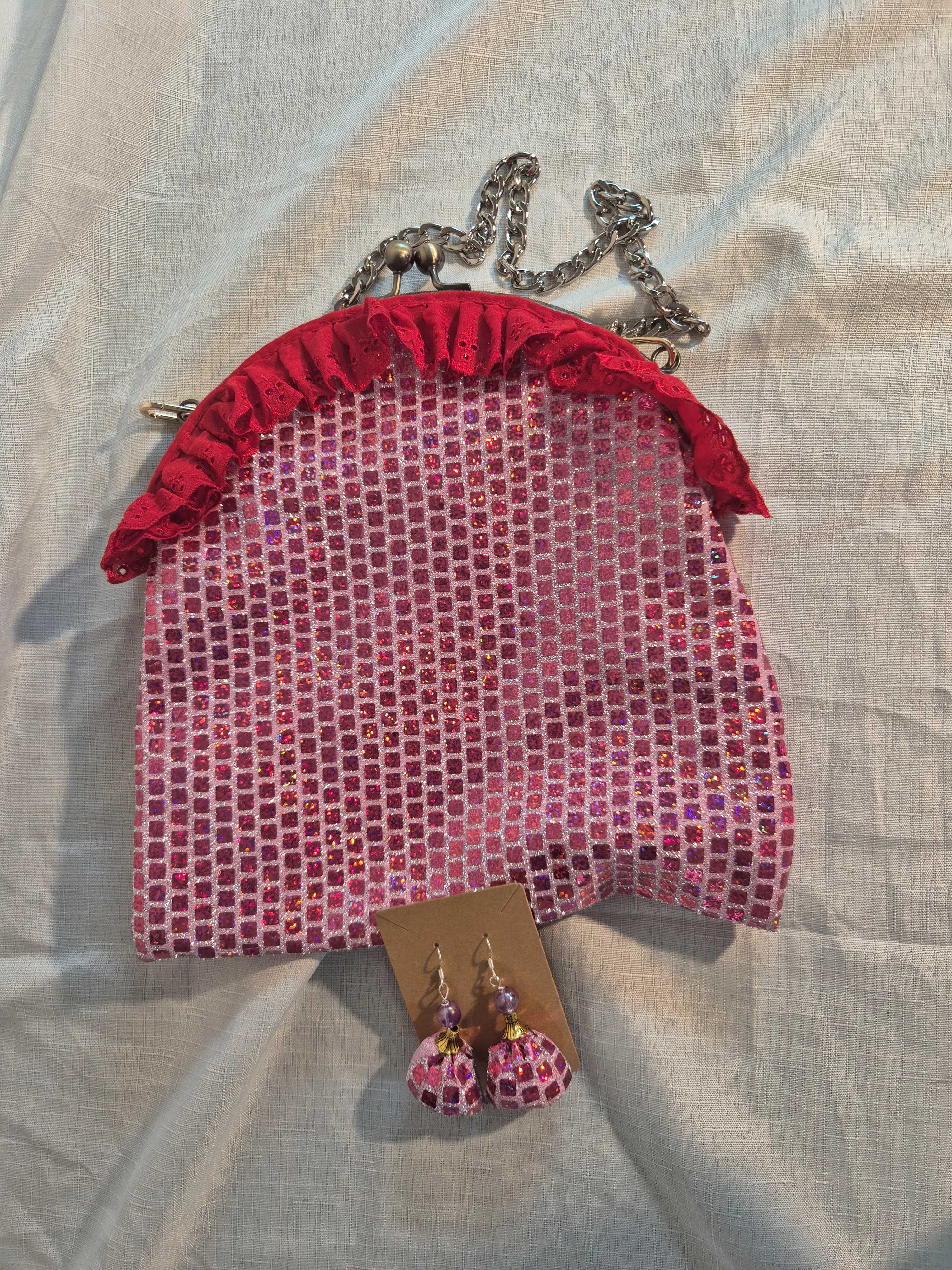 Pink Sequin Clasp Bag & Earring Set