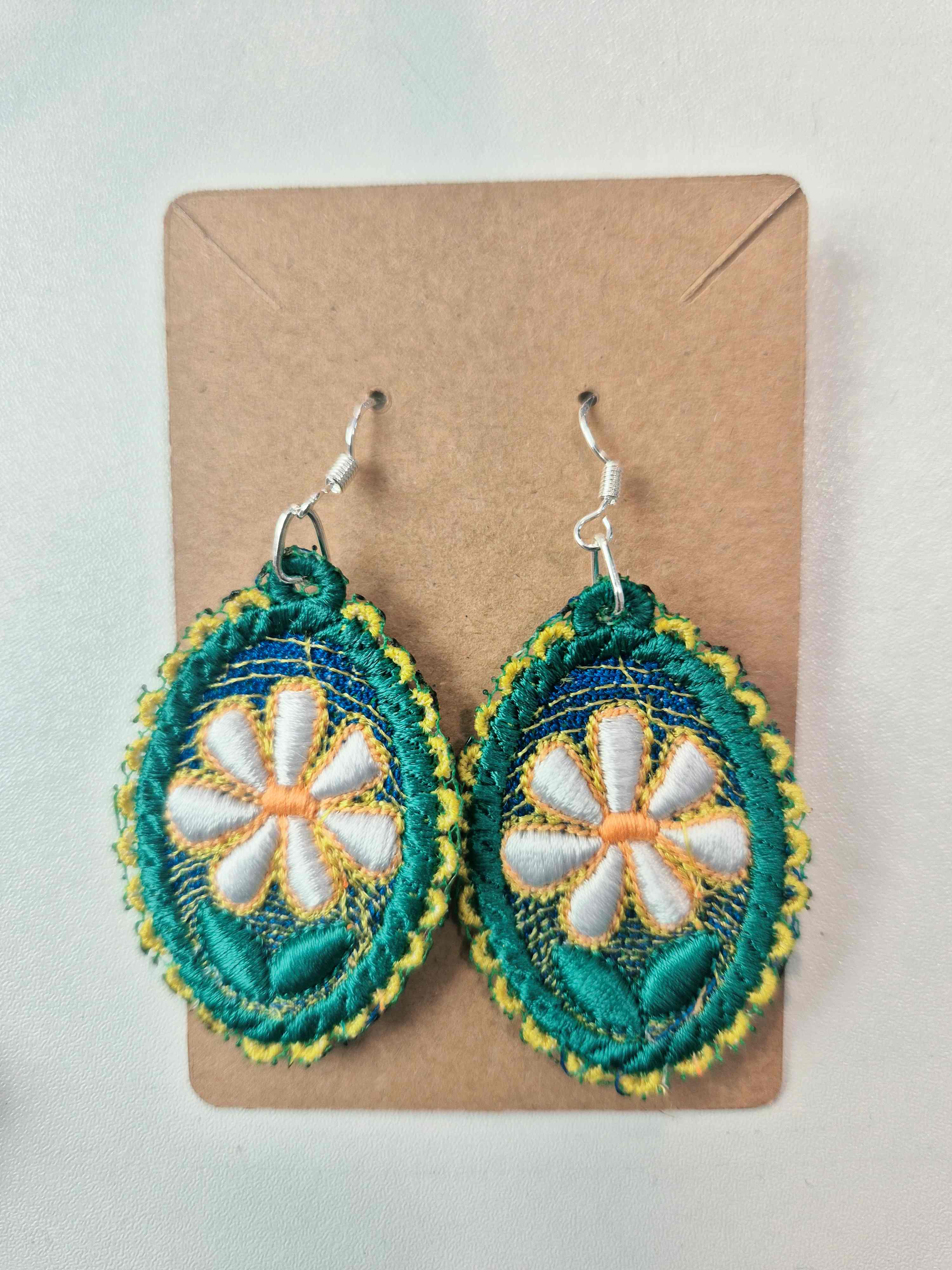 Teal Daisy Embroidered Earrings