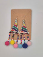 Boho Rainbow Embroidered Pom Pom Earrings