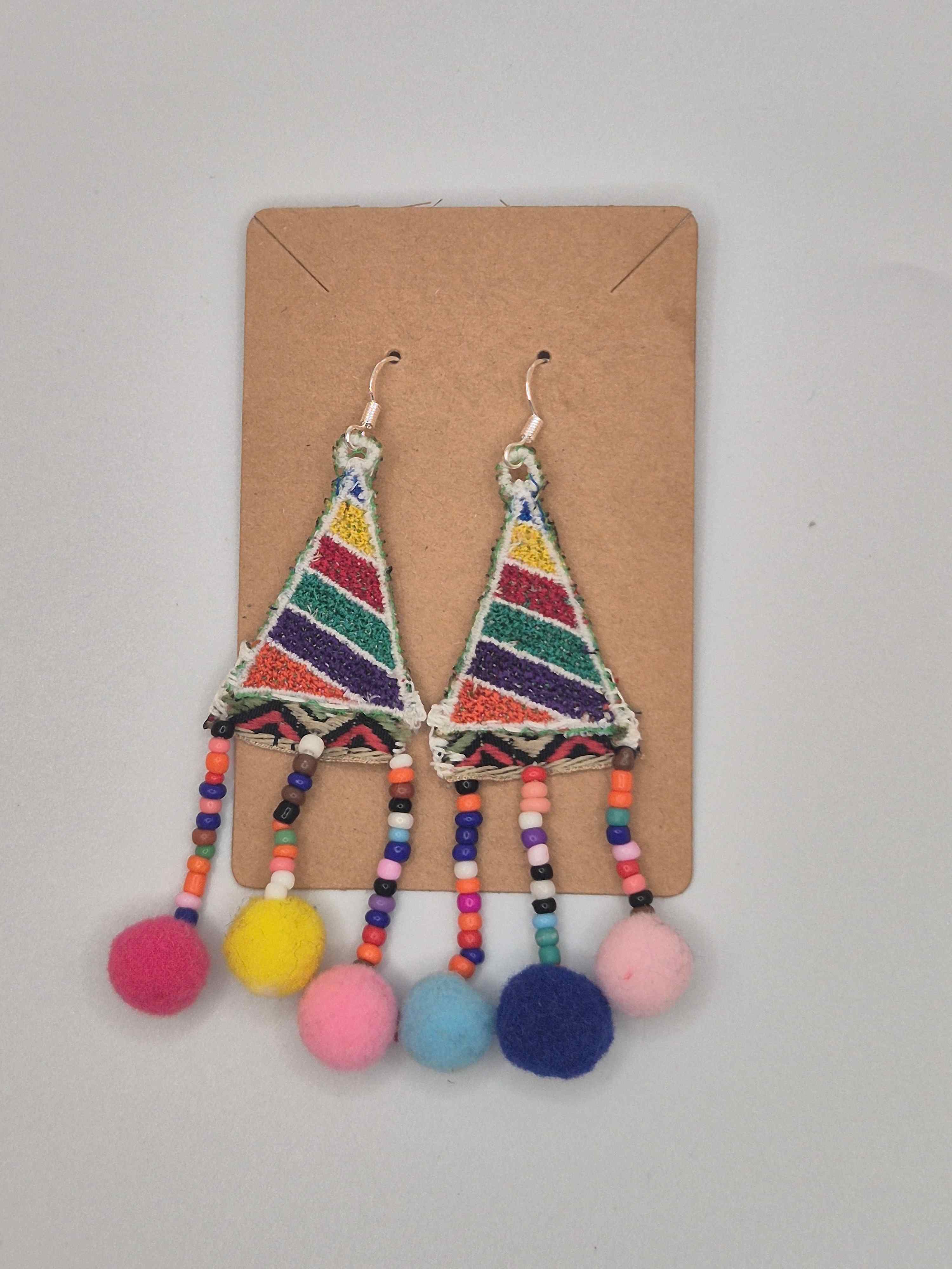 Boho Rainbow Embroidered Pom Pom Earrings