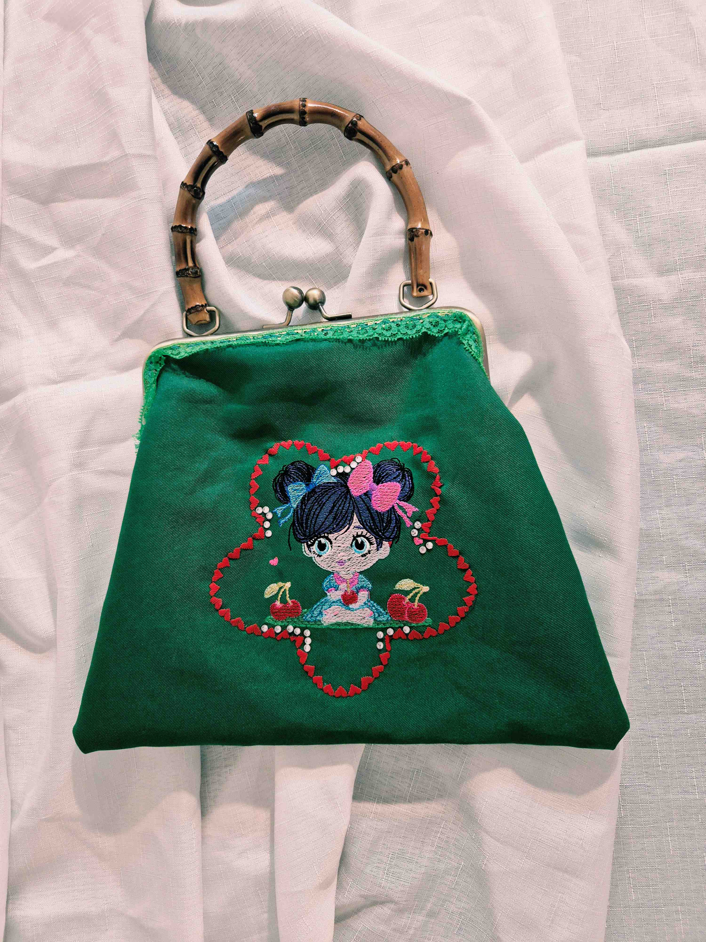 Cherry Girl Embroidered Bamboo Bag