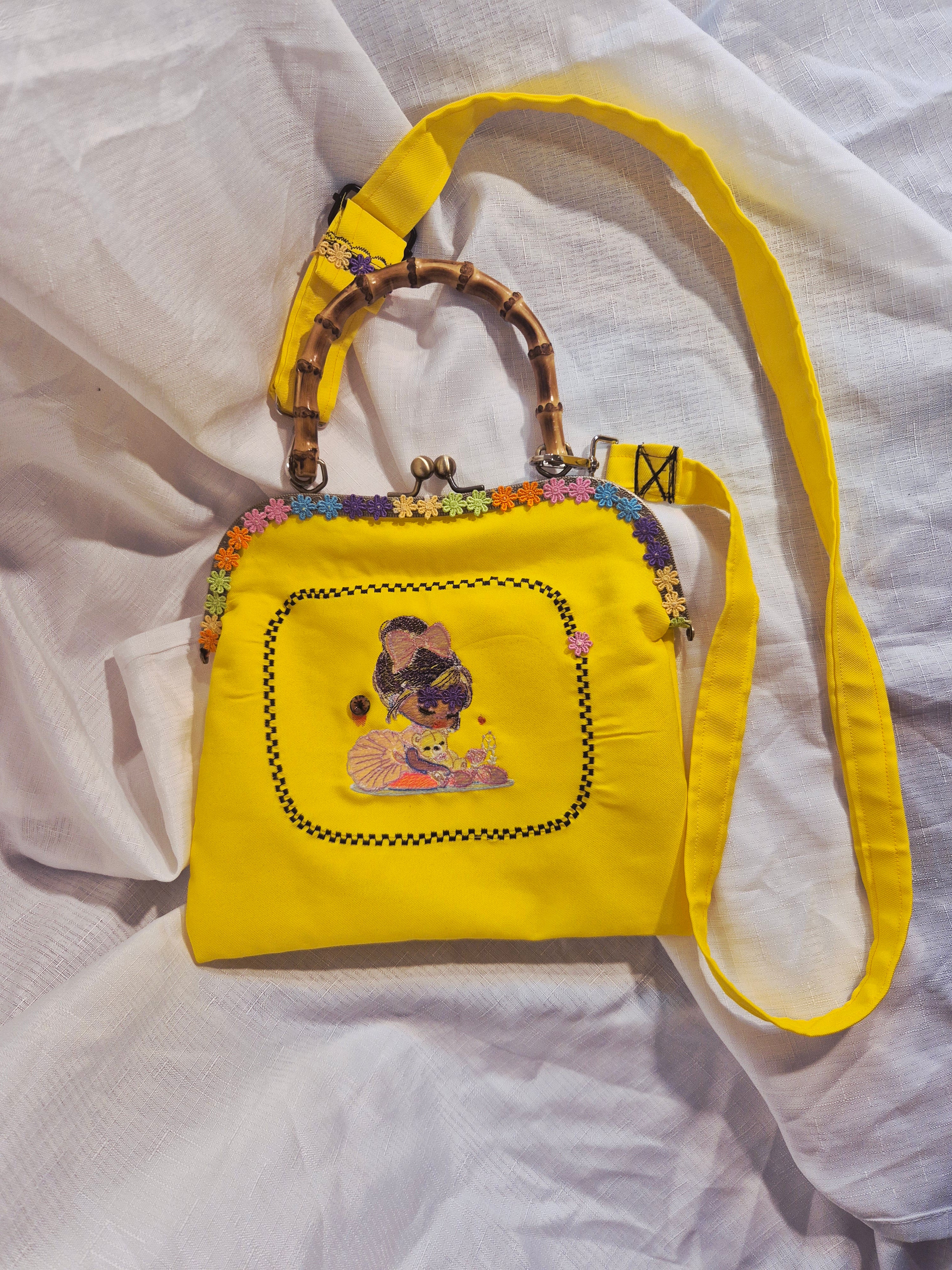 Yellow Embroidered Bamboo Handle Bag