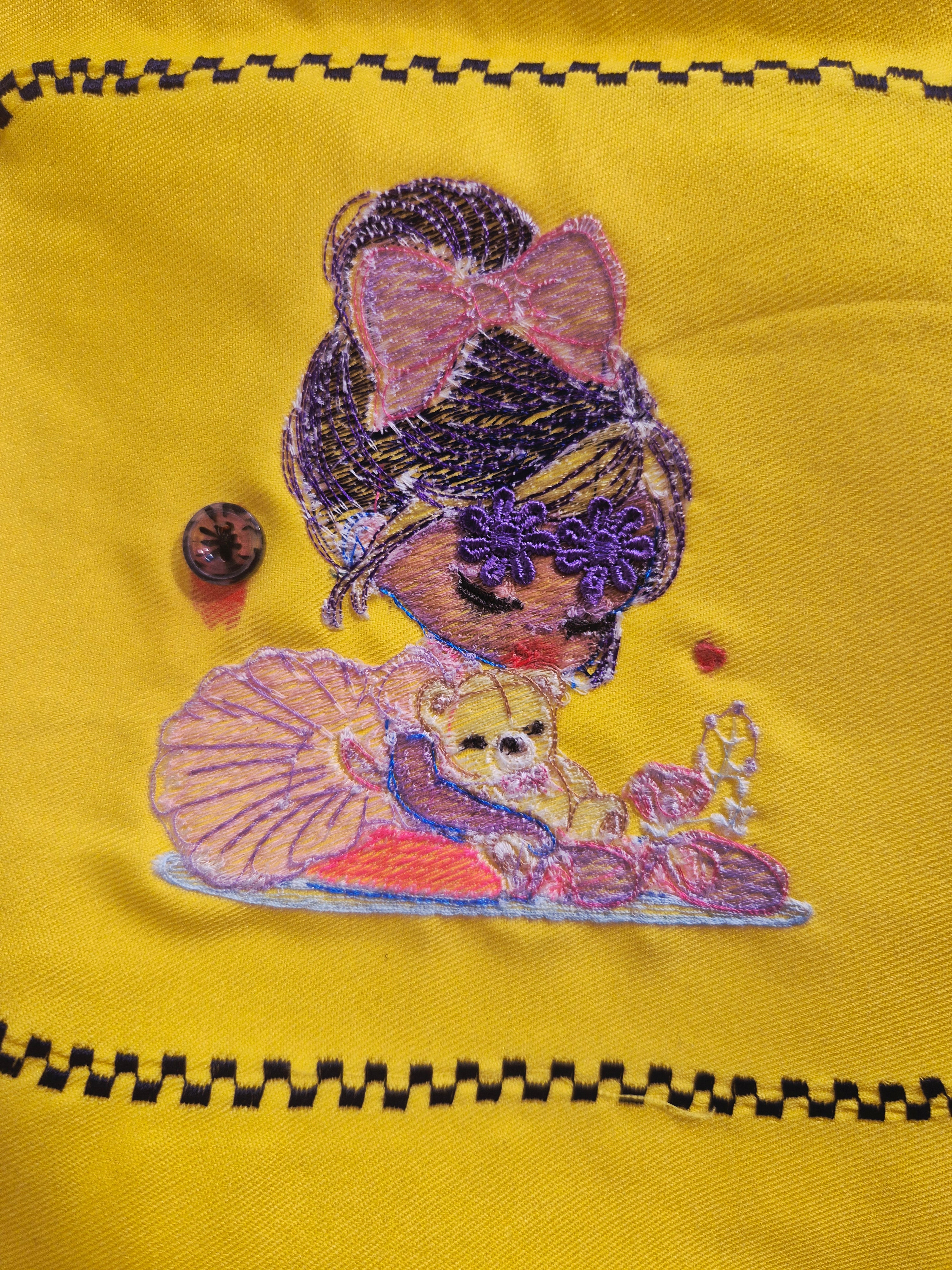 Yellow Embroidered Bamboo Handle Bag
