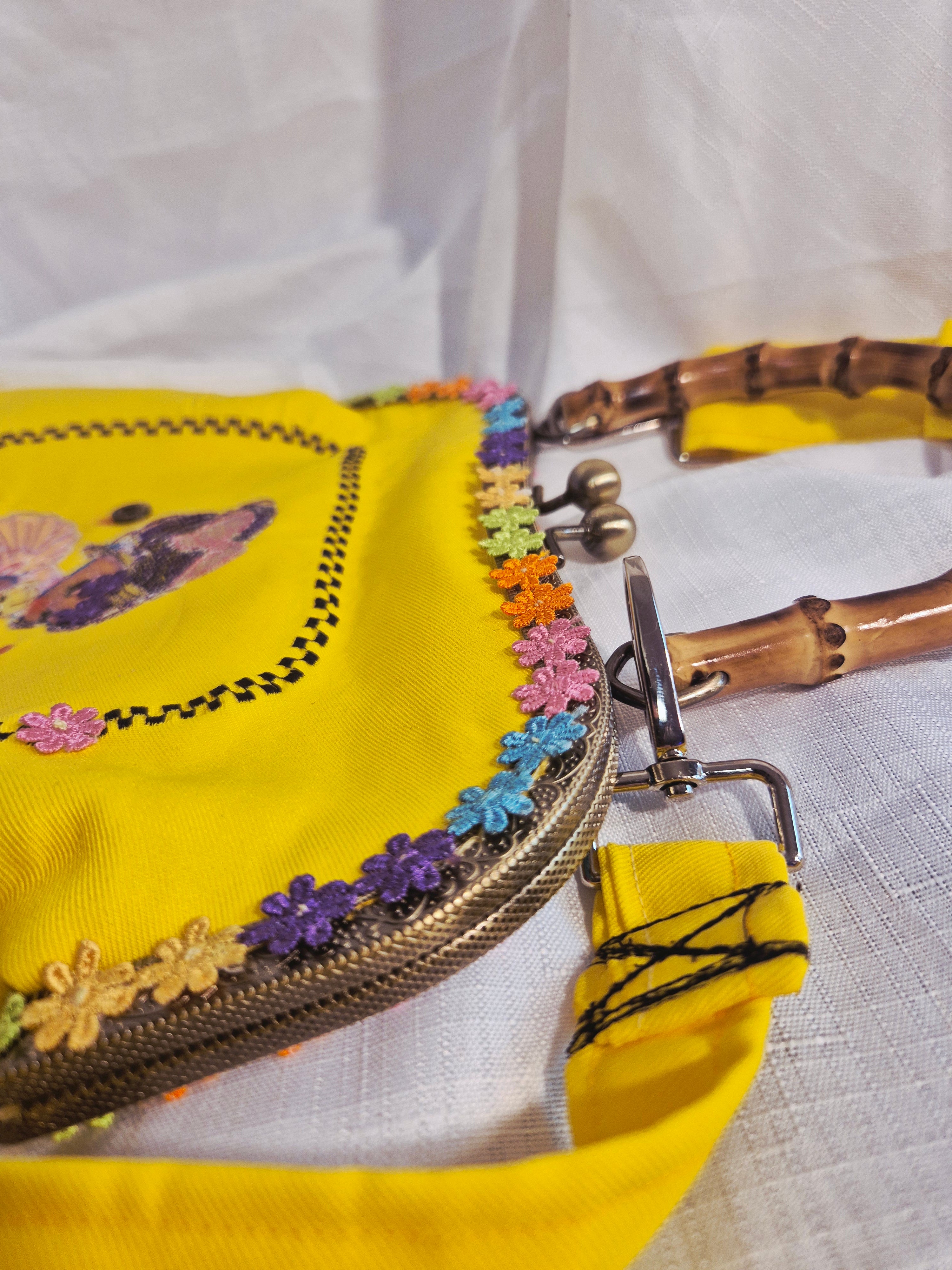 Yellow Embroidered Bamboo Handle Bag