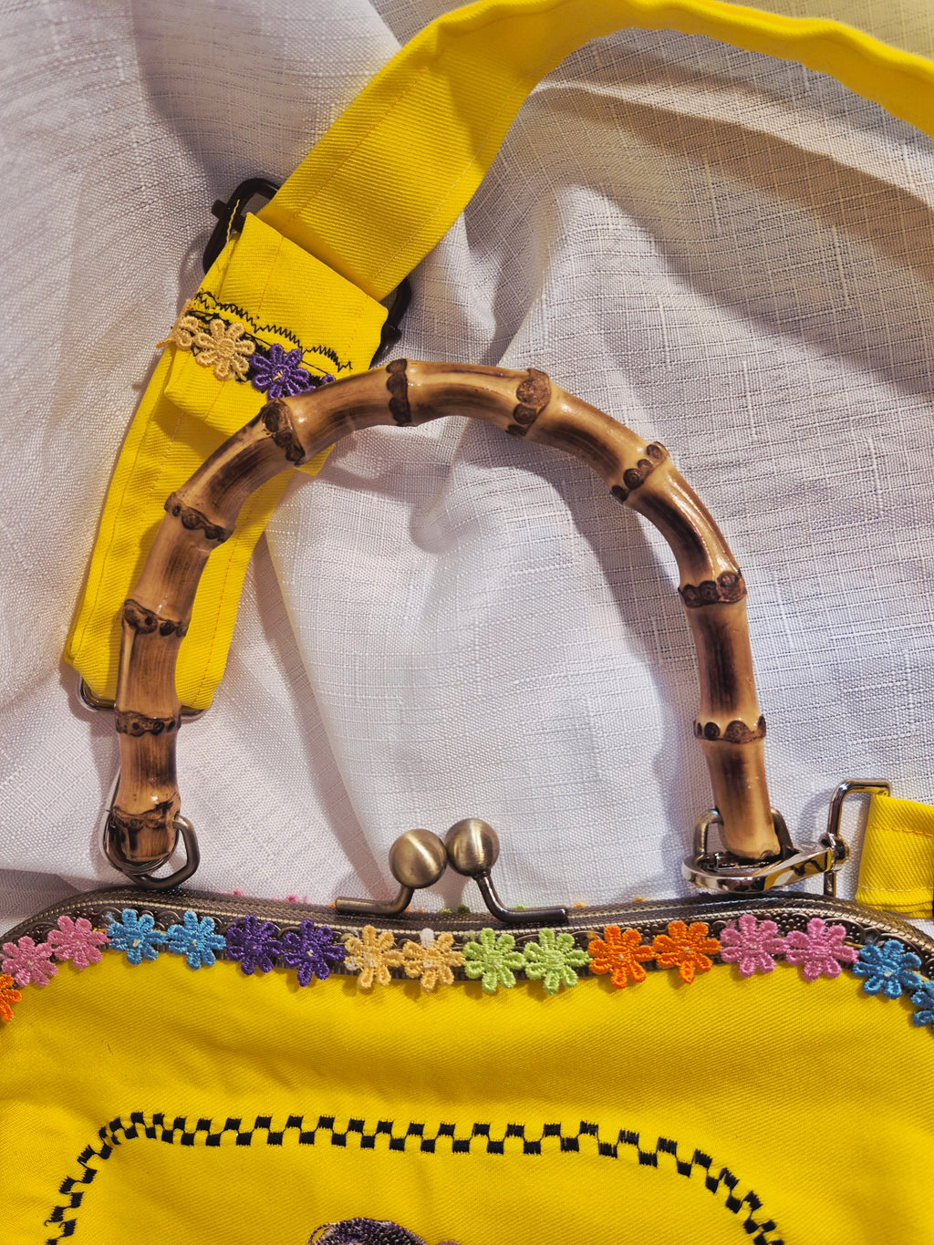 Yellow Embroidered Bamboo Handle Bag