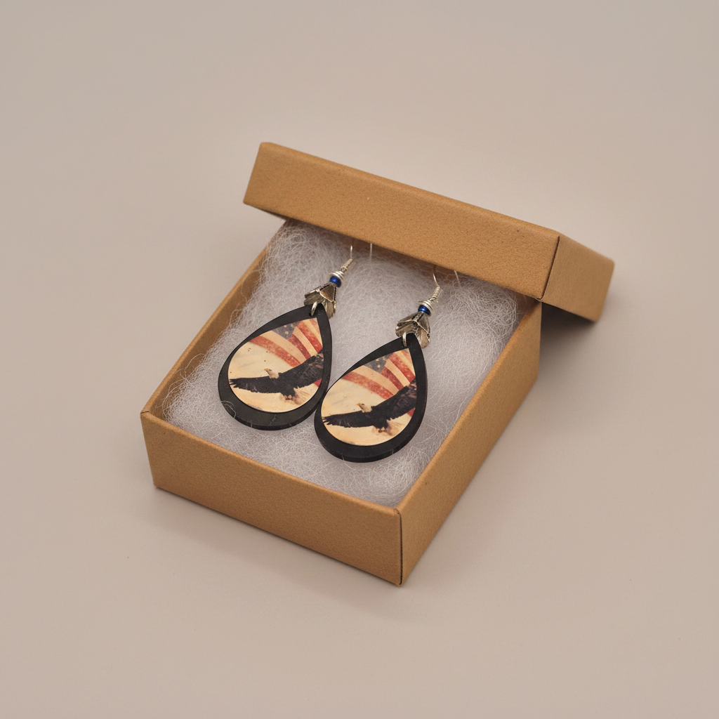 American eagle flag earrings in a gift box