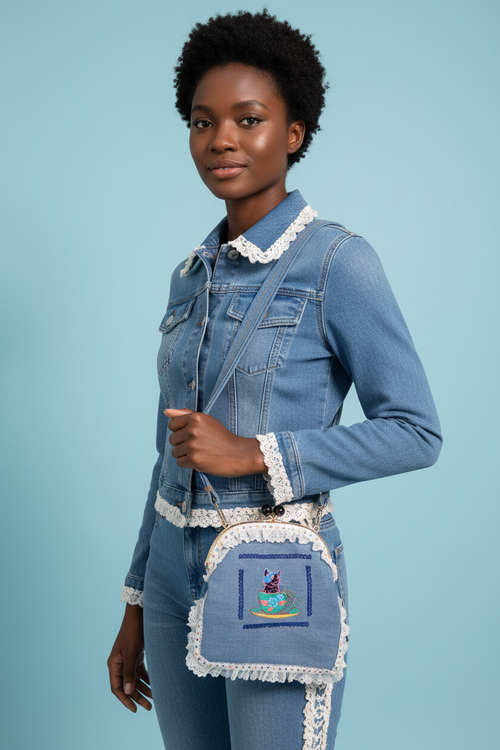Black woman with short curly hair holding denim bag