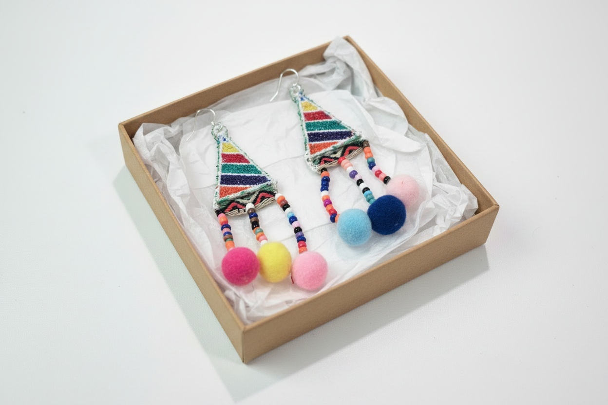 Boho Rainbow Pom Pom Earrings in a Brown Box
