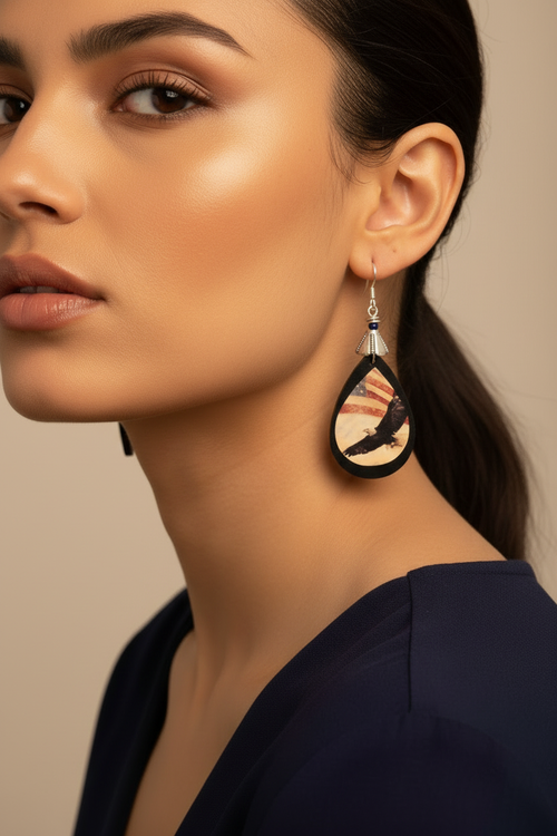 Close-up of American eagle flag earrings being worn
