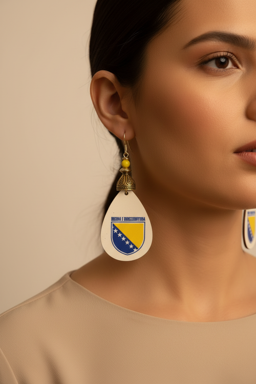 Close-up of Bosna i Hercegovina earrings being worn