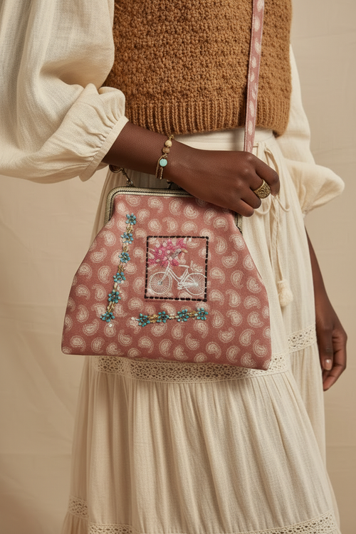 Close-up of model wearing paisley crossbody bag