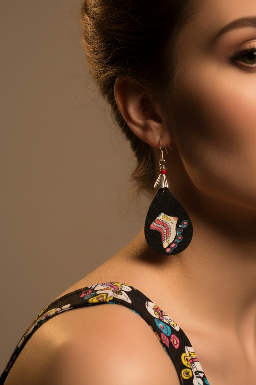Close-up of roller skate earrings being worn