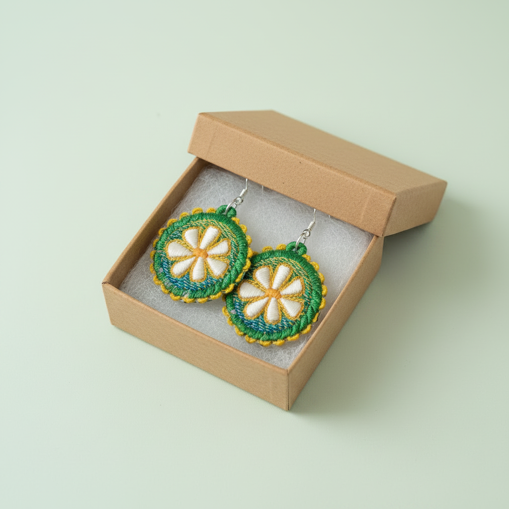 Daisy Wheel Earrings in Gift Box – Sage Green Background