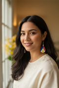Filipino woman wearing Philippine flag earrings