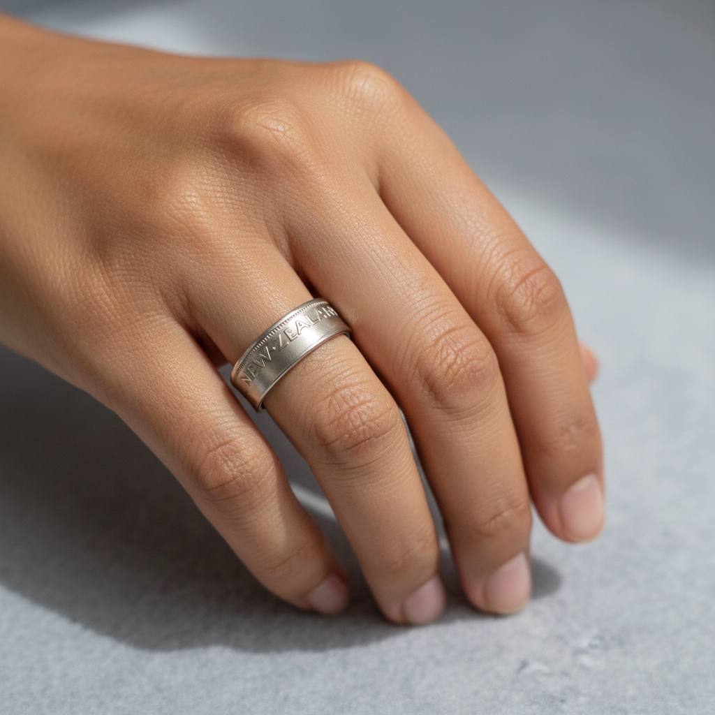 New Zealand 1964 Coin Ring worn on finger