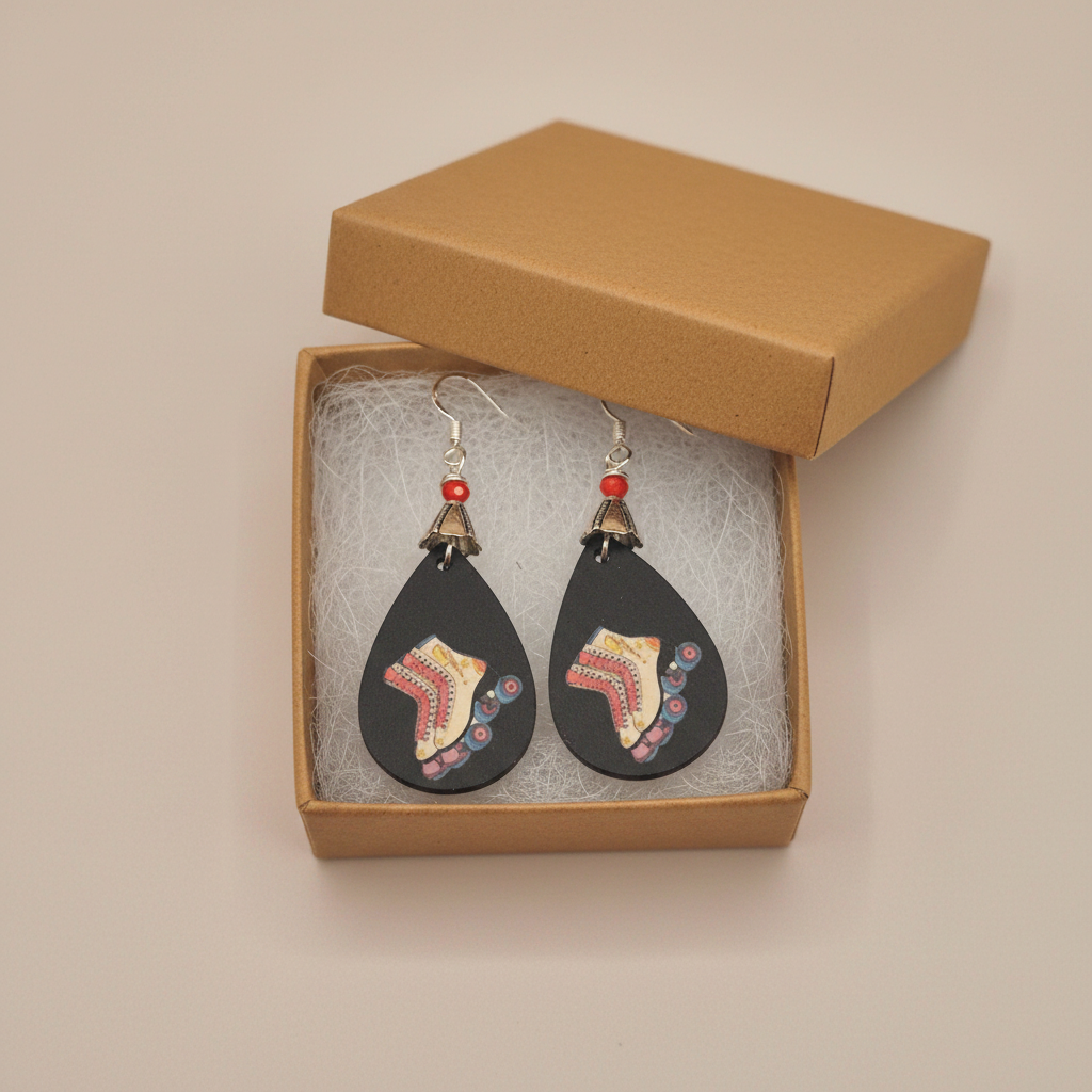 Roller skate earrings in a brown gift box