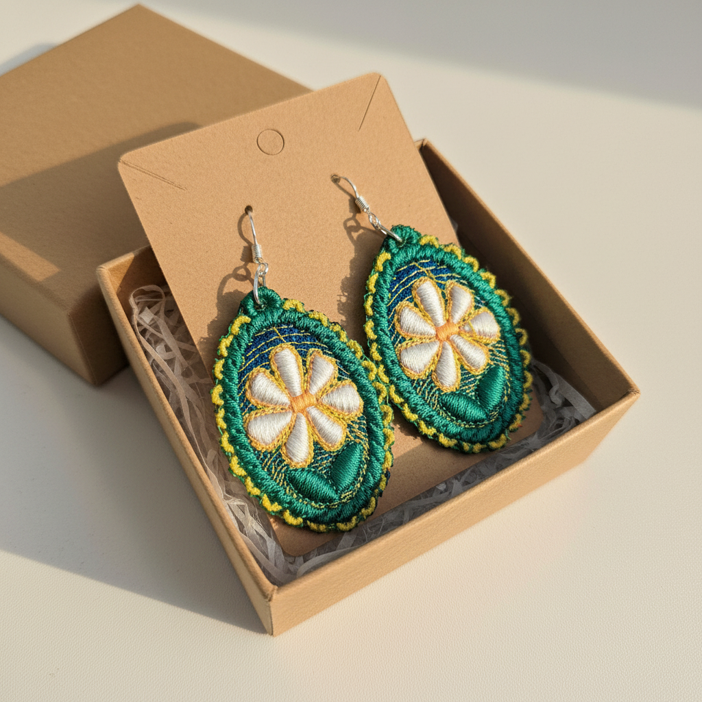 Teal embroidered earrings in a brown gift box