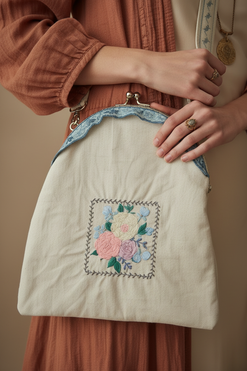 Woman Holding Embroidered Floral Crossbody Bag