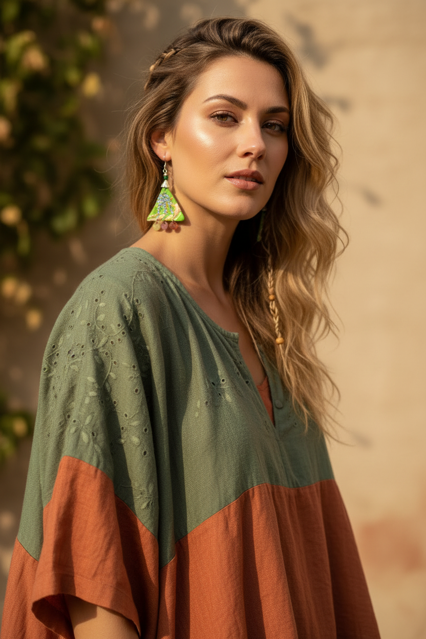 Woman styled to match clay triangle drop earrings