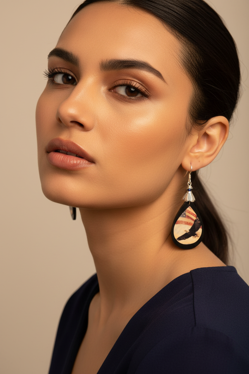Woman wearing American eagle flag earrings