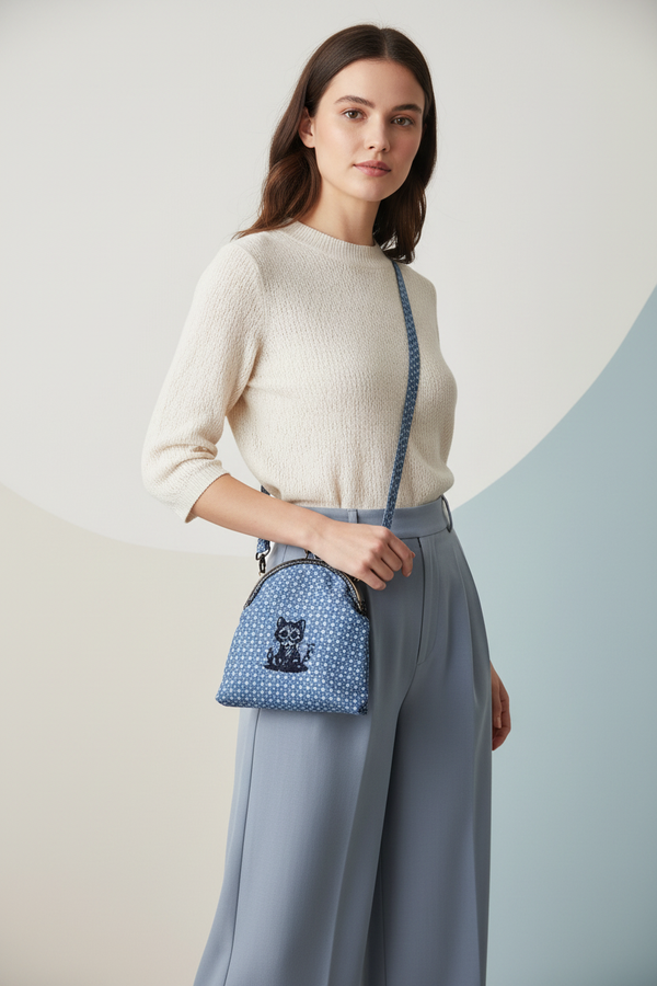 Woman wearing blue snowflake kiss-clasp bag in studio