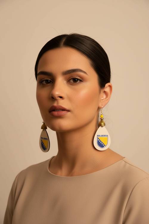 Woman wearing Bosna i Hercegovina earrings