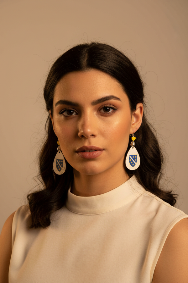 Woman wearing Bosnia fleur-de-lis shield earrings